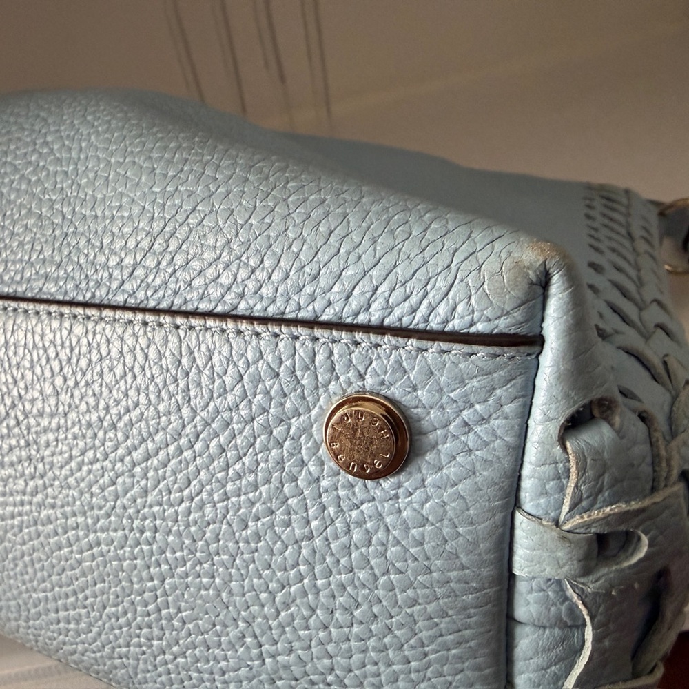 Henri Bendel Chambray Blue Hobo Bag Whipstitch Accent Zip Closure Gold Hardware - Picture 8 of 10
